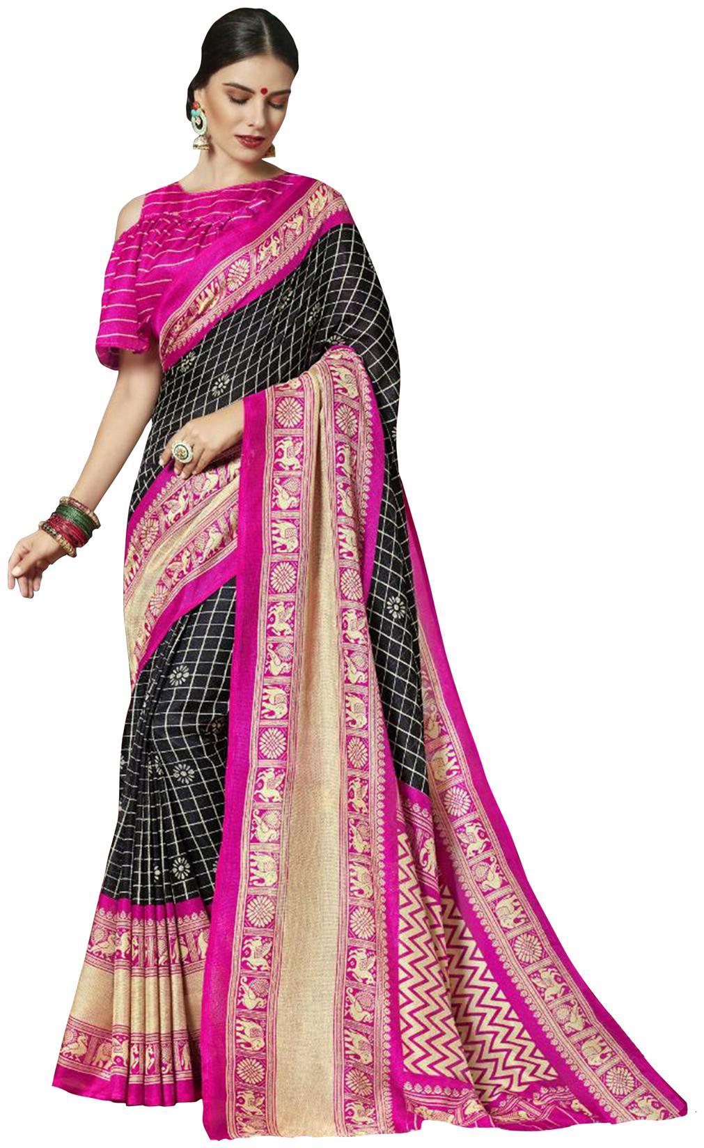 

Sugathari Black Checkered Khadi Regular Saree With Blouse With blouse