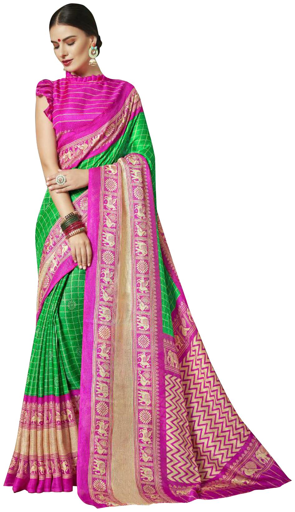 

Sugathari Green Checkered Khadi Regular Saree With Blouse With blouse