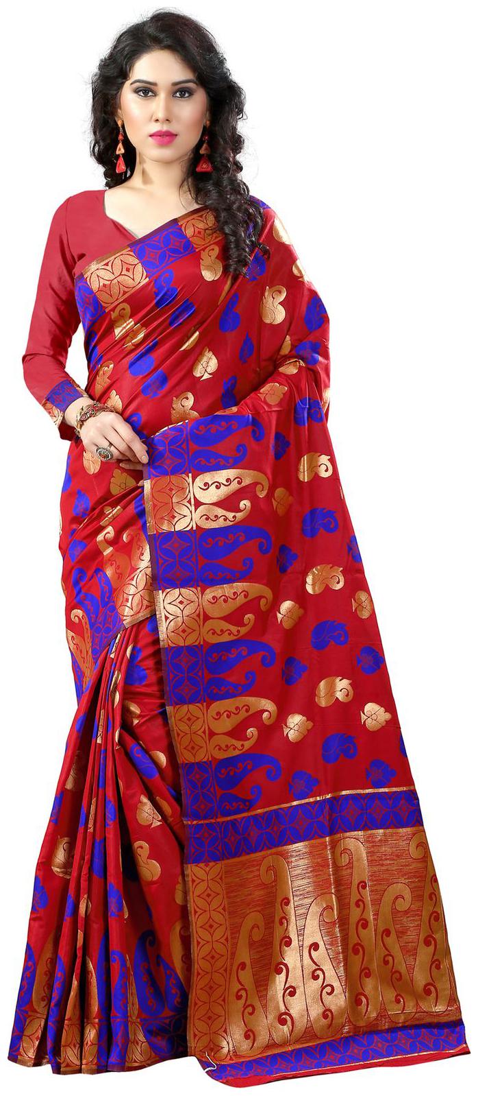 

Sugathari Red Self design Silk Woven Work Saree