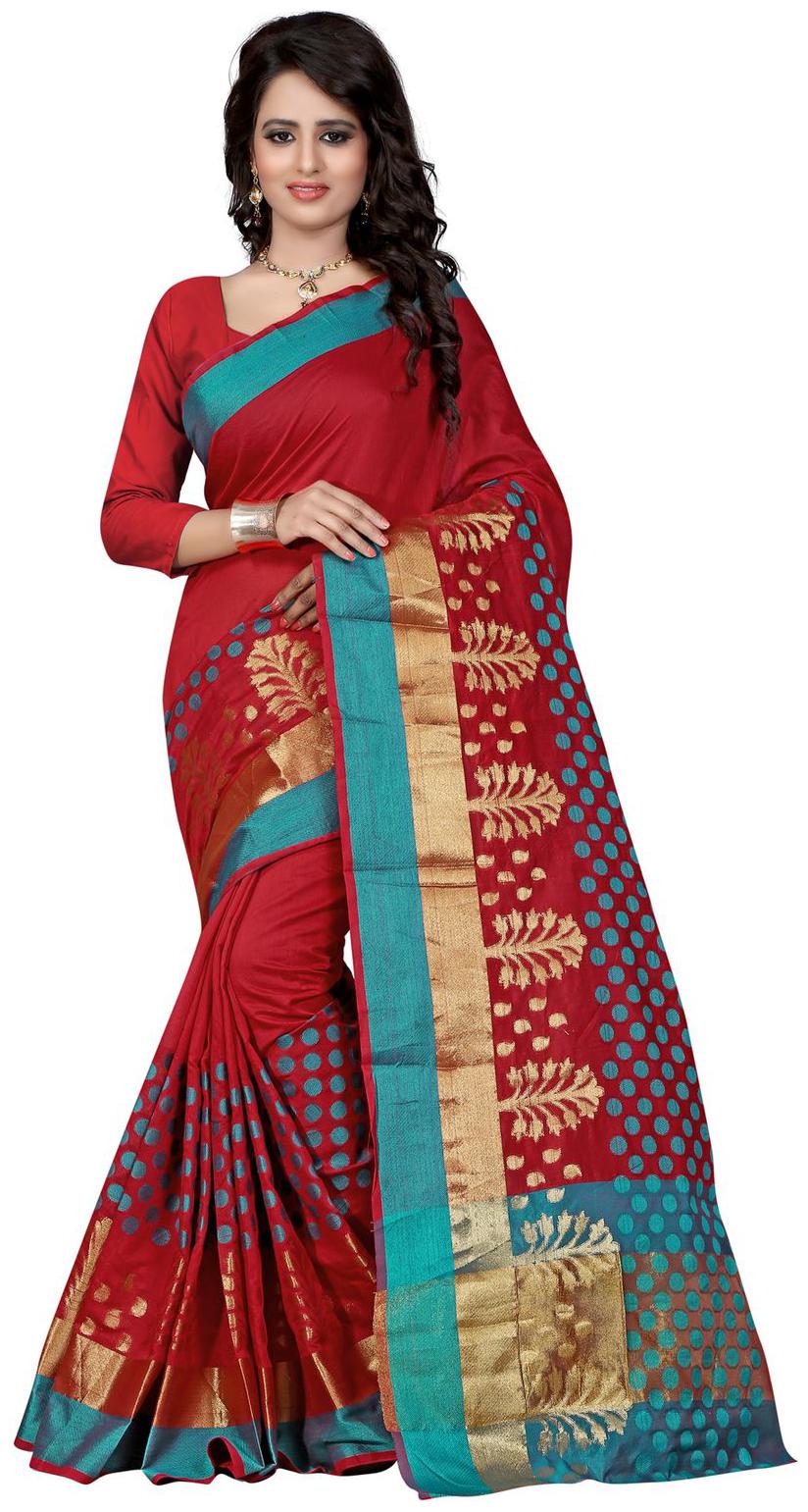 

Sugathari Red and Golden Color Poly Cotton Woven Work Saree