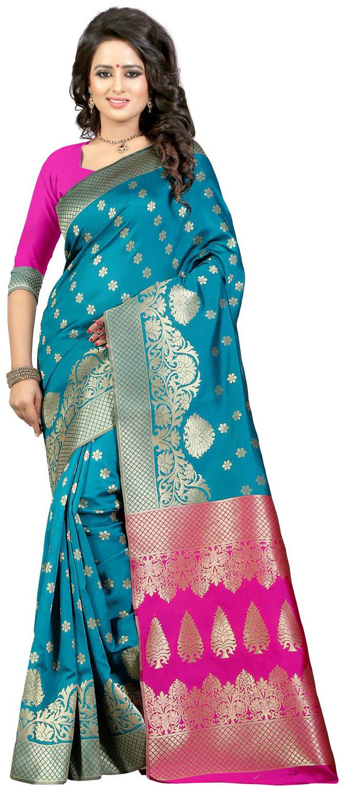 

Sugathari Turquoise Self design Silk Woven Work Saree