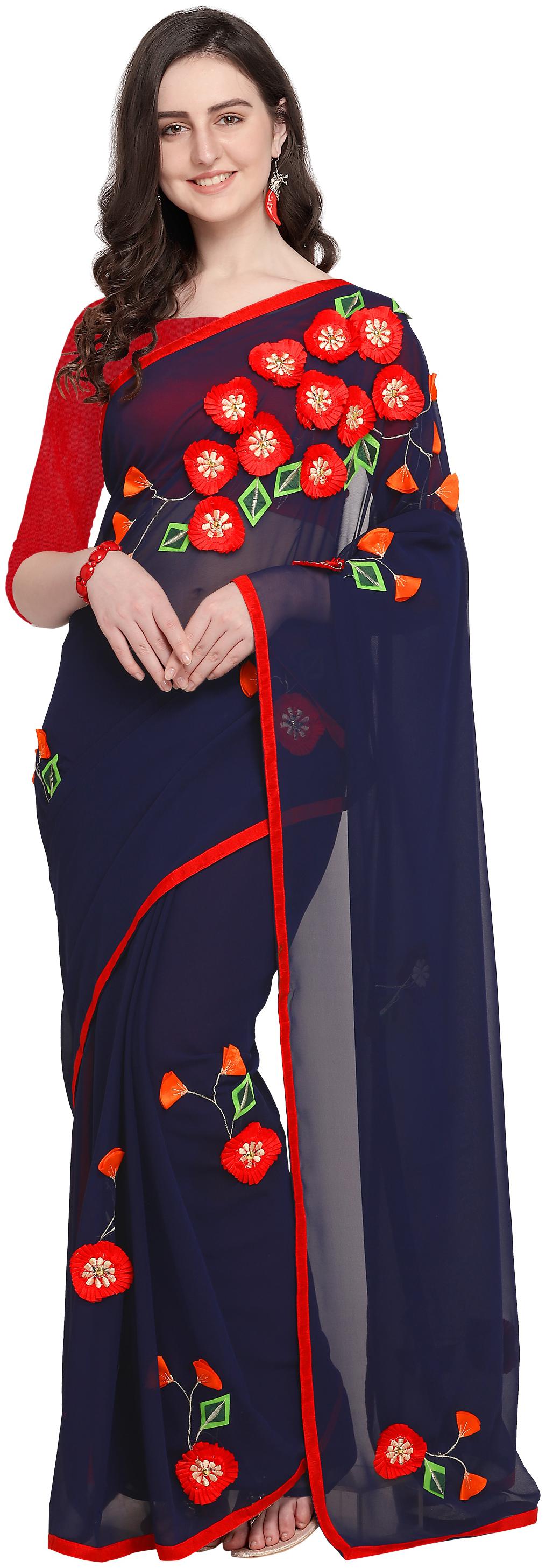 

Sugathari Women Navy Blue Poly Georgette Embellished Design Saree