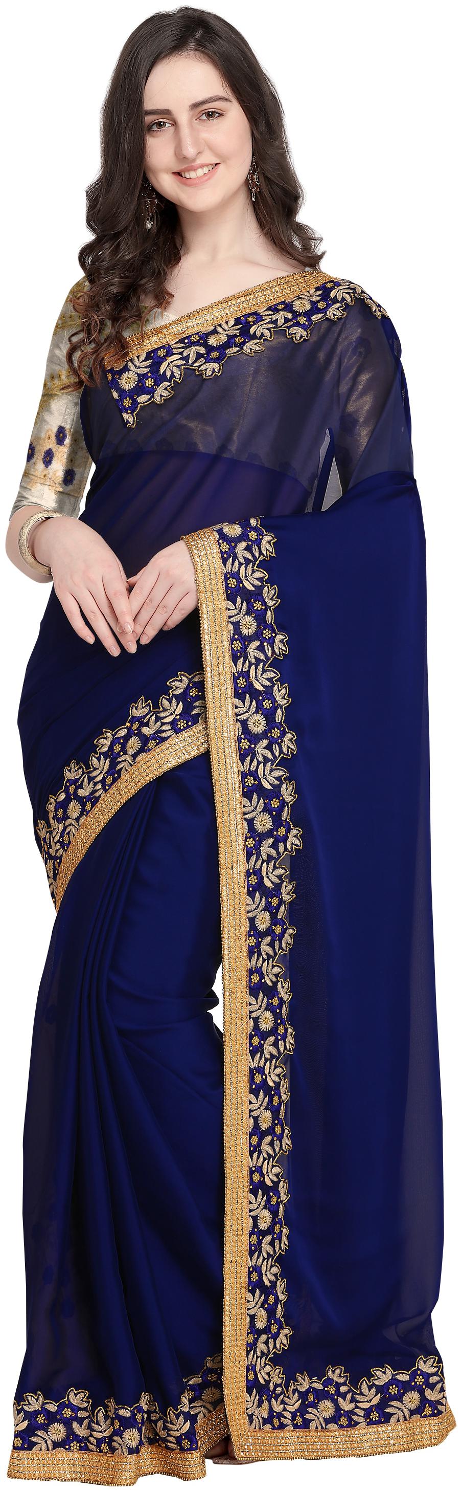 

Sugathari Women Navy Blue Silk Blend Embroidered Design Saree