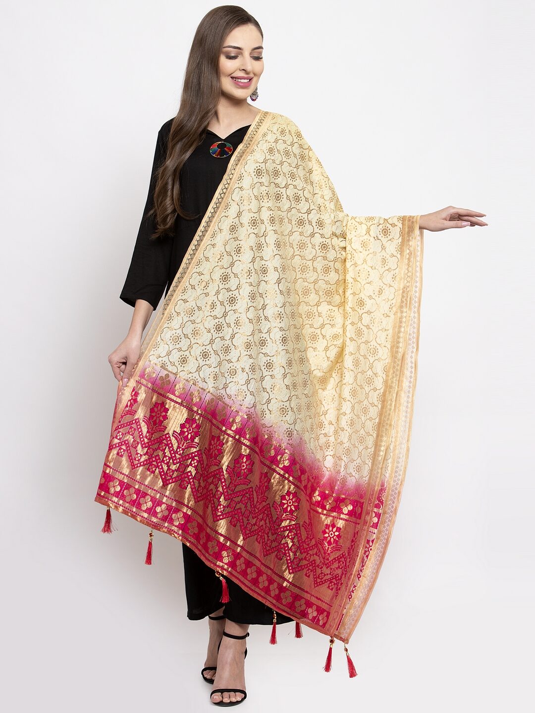 

Sugathari Women Jacquard Woven Beige Pink Dupatta