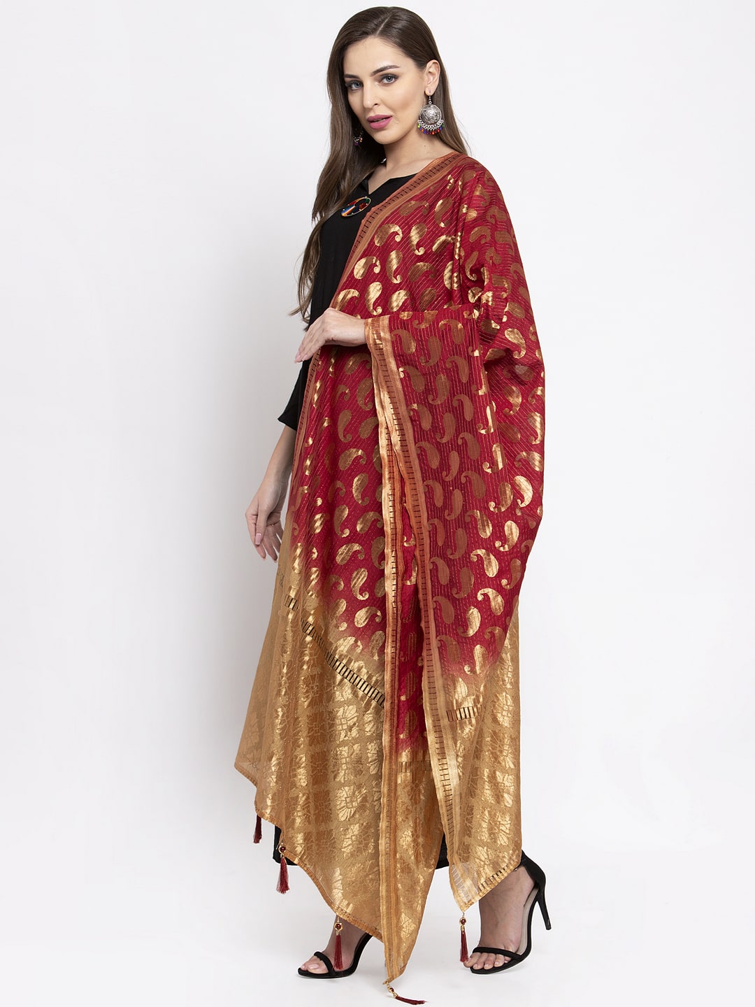 

Sugathari Women Jacquard Woven Maroon Beige Dupatta