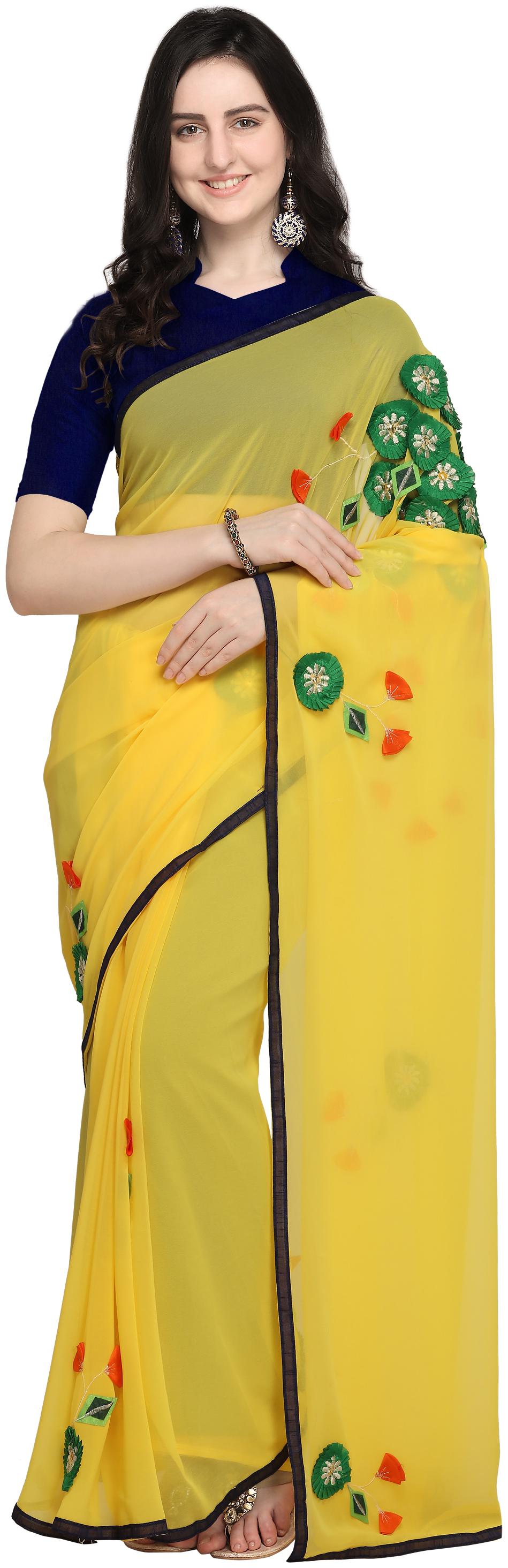 

Sugathari Women Yellow Poly Georgette Embellished Design Saree