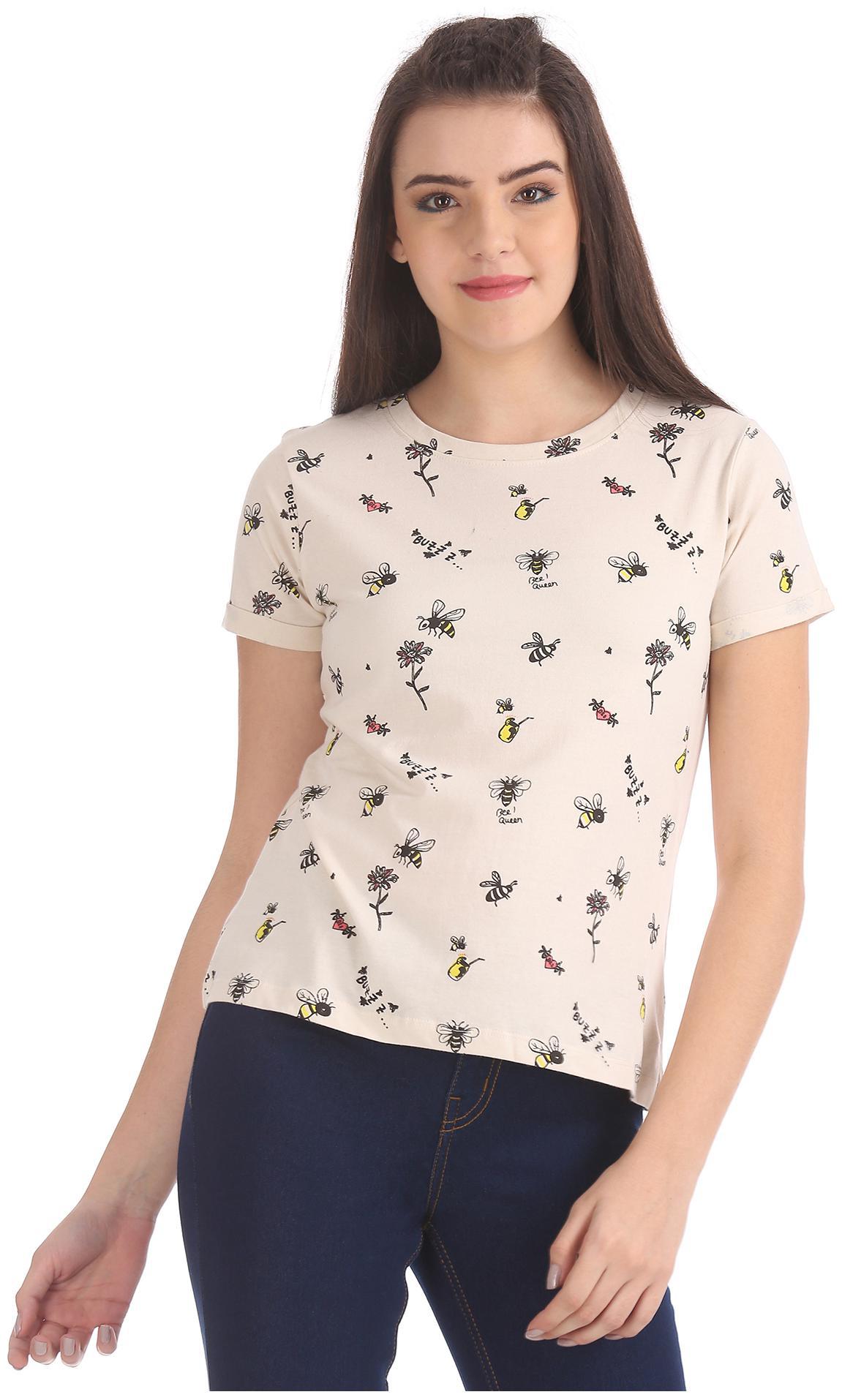 

SUGR Women Beige Regular fit Round neck Cotton T shirt