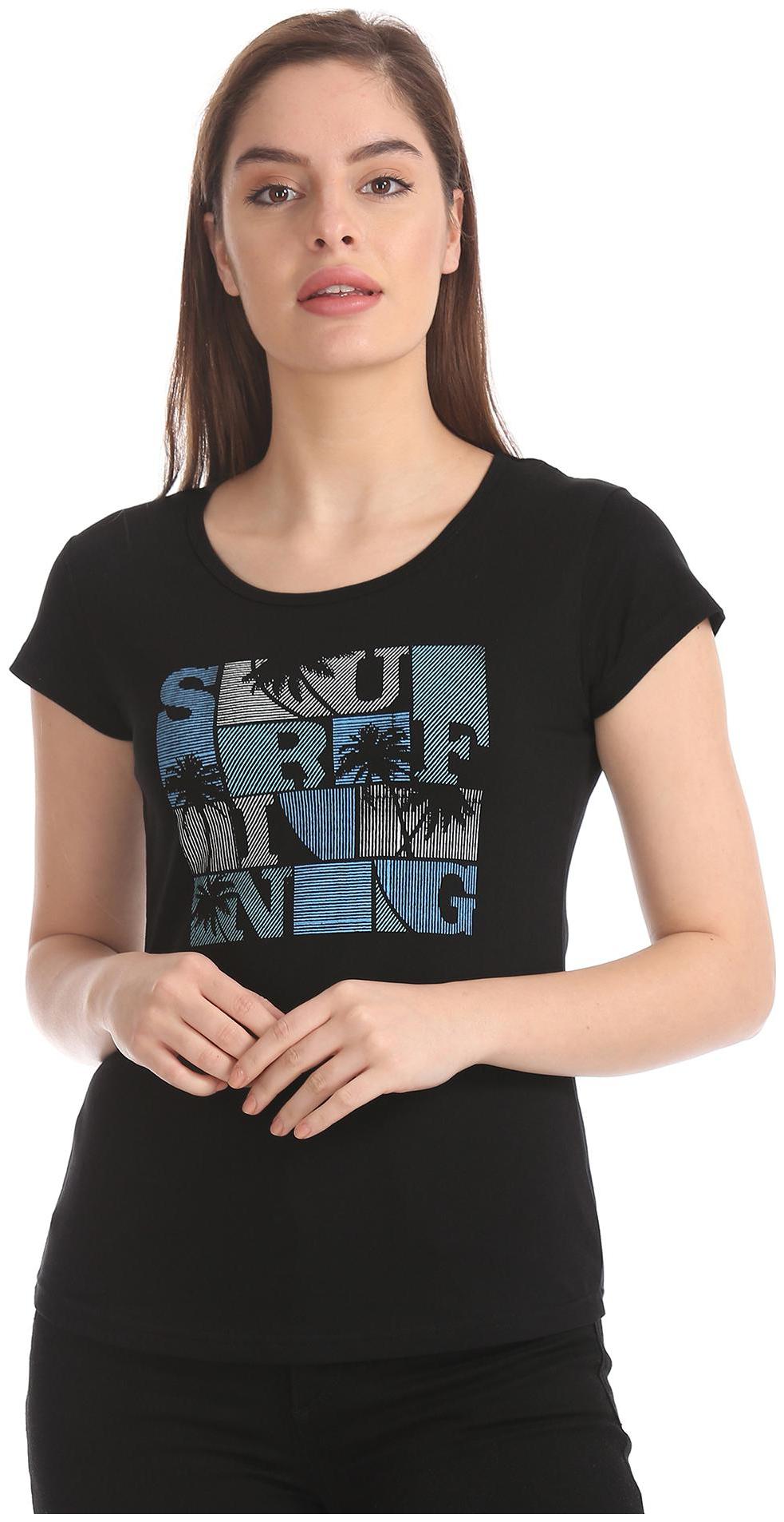 

SUGR Women Black Regular fit Round neck Cotton T shirt