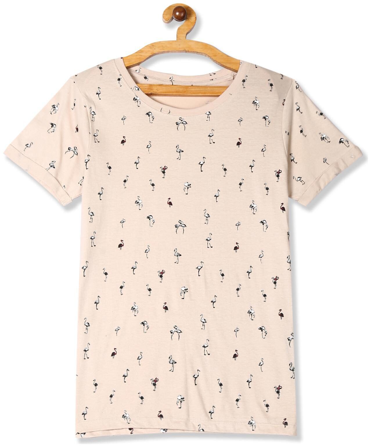 

SUGR Women Beige Regular fit Round neck Cotton T shirt