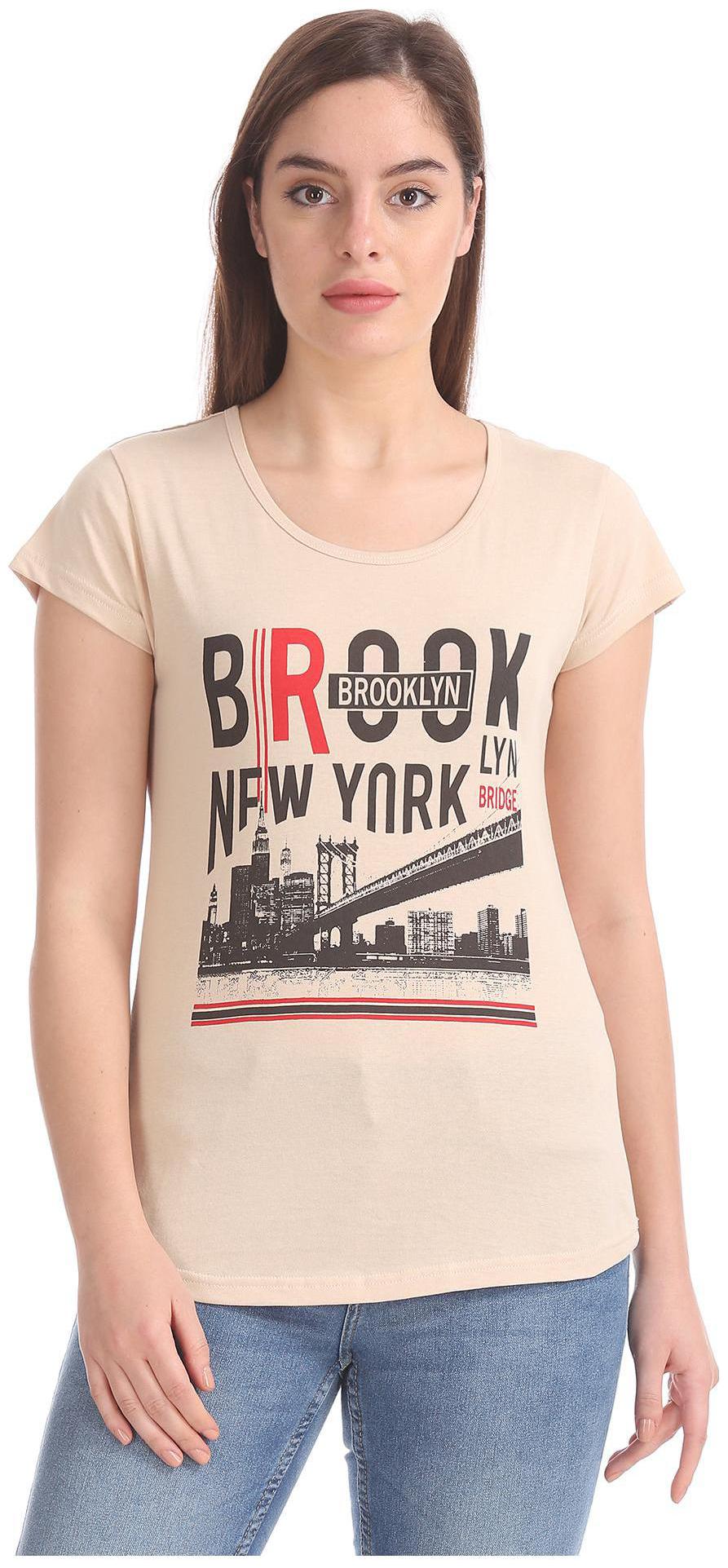 

SUGR Women Beige Regular fit Round neck Cotton T shirt