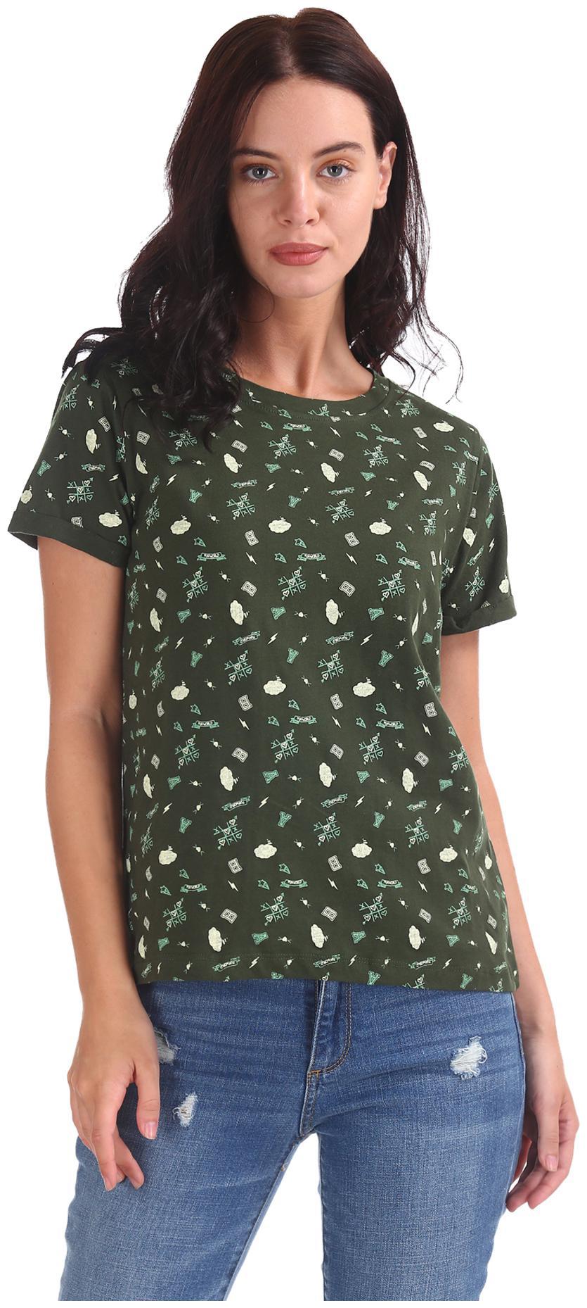 

SUGR Women Green Regular fit Round neck Cotton T shirt