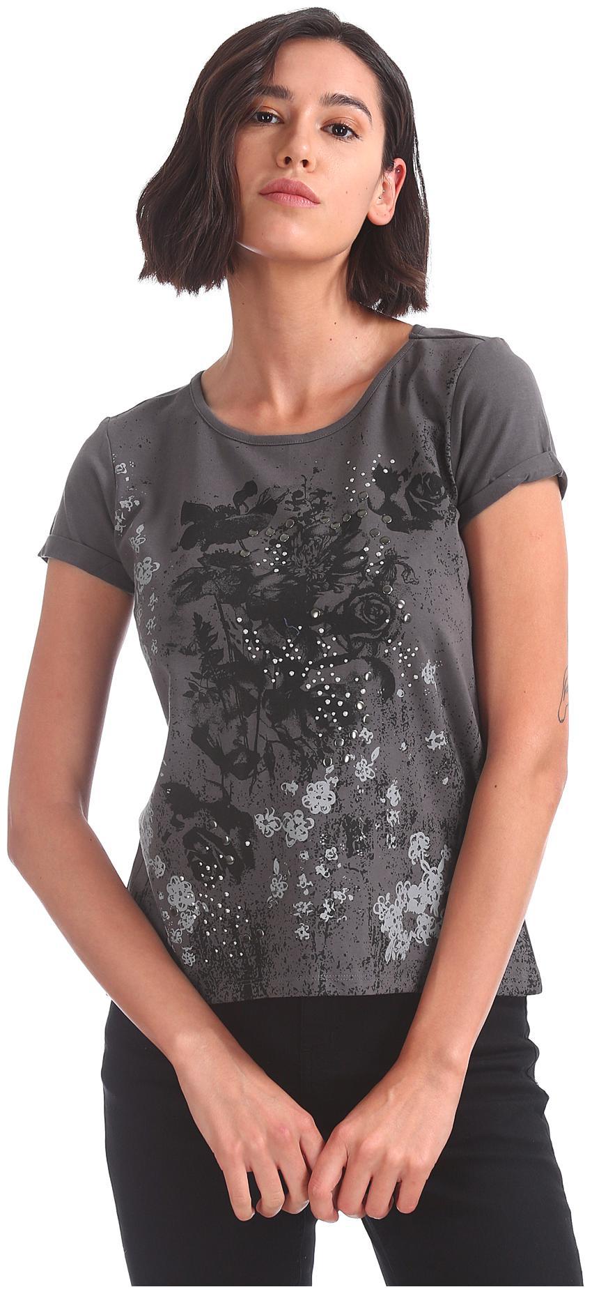 

SUGR Women Grey Regular fit Round neck Cotton T shirt