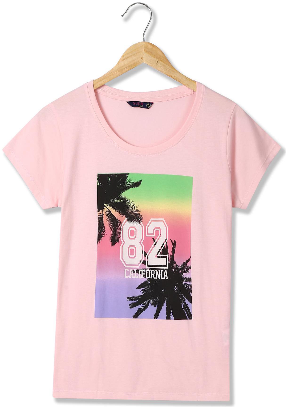

SUGR Women Pink Regular fit Round neck Cotton T shirt