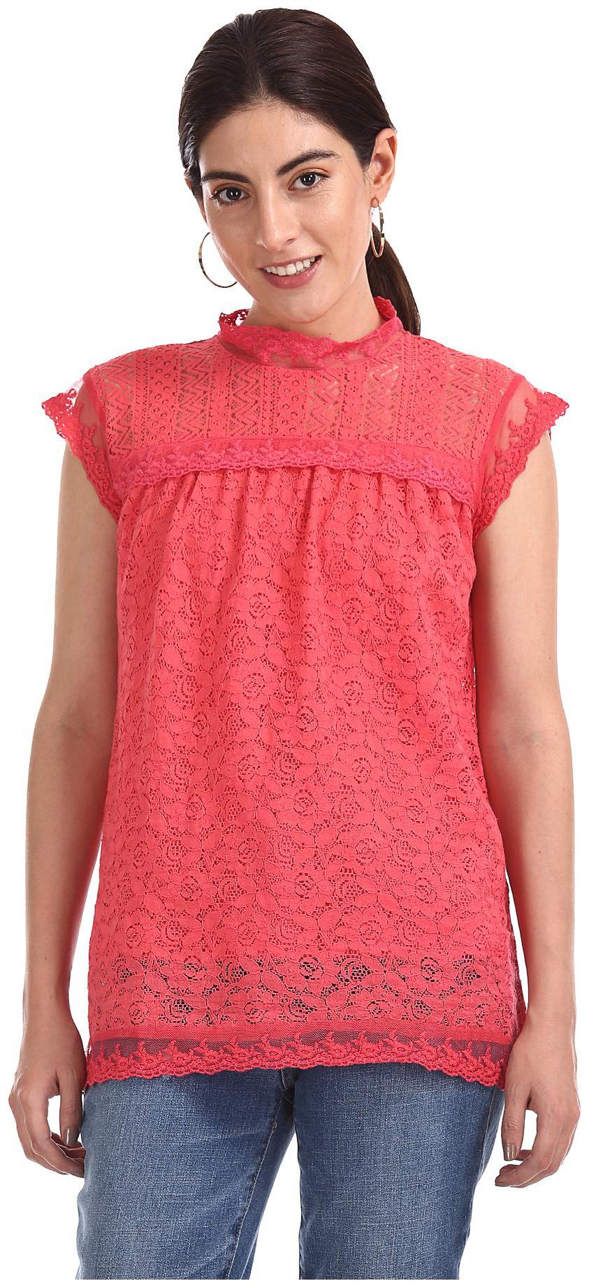 

SUGR Women Polyester Lace Regular Top Pink