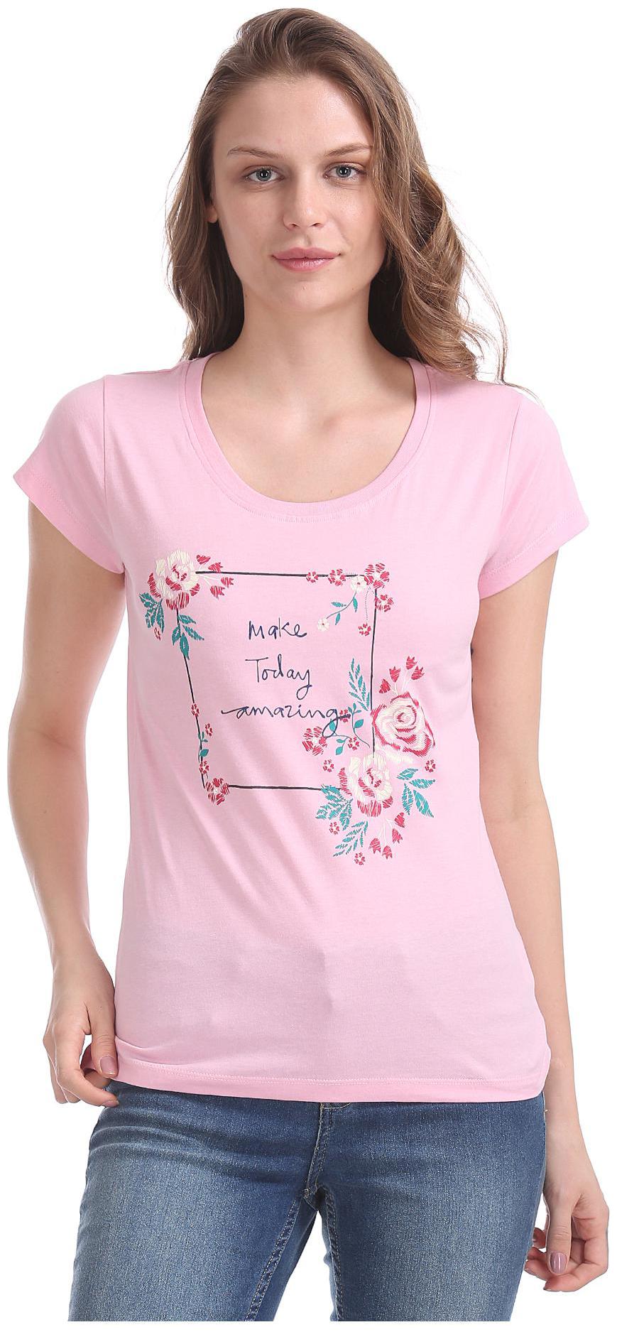 

SUGR Women Pink Regular fit Round neck Cotton T shirt