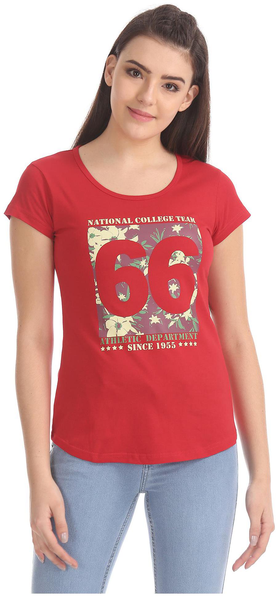 

SUGR Women Red Regular fit Round neck Cotton T shirt