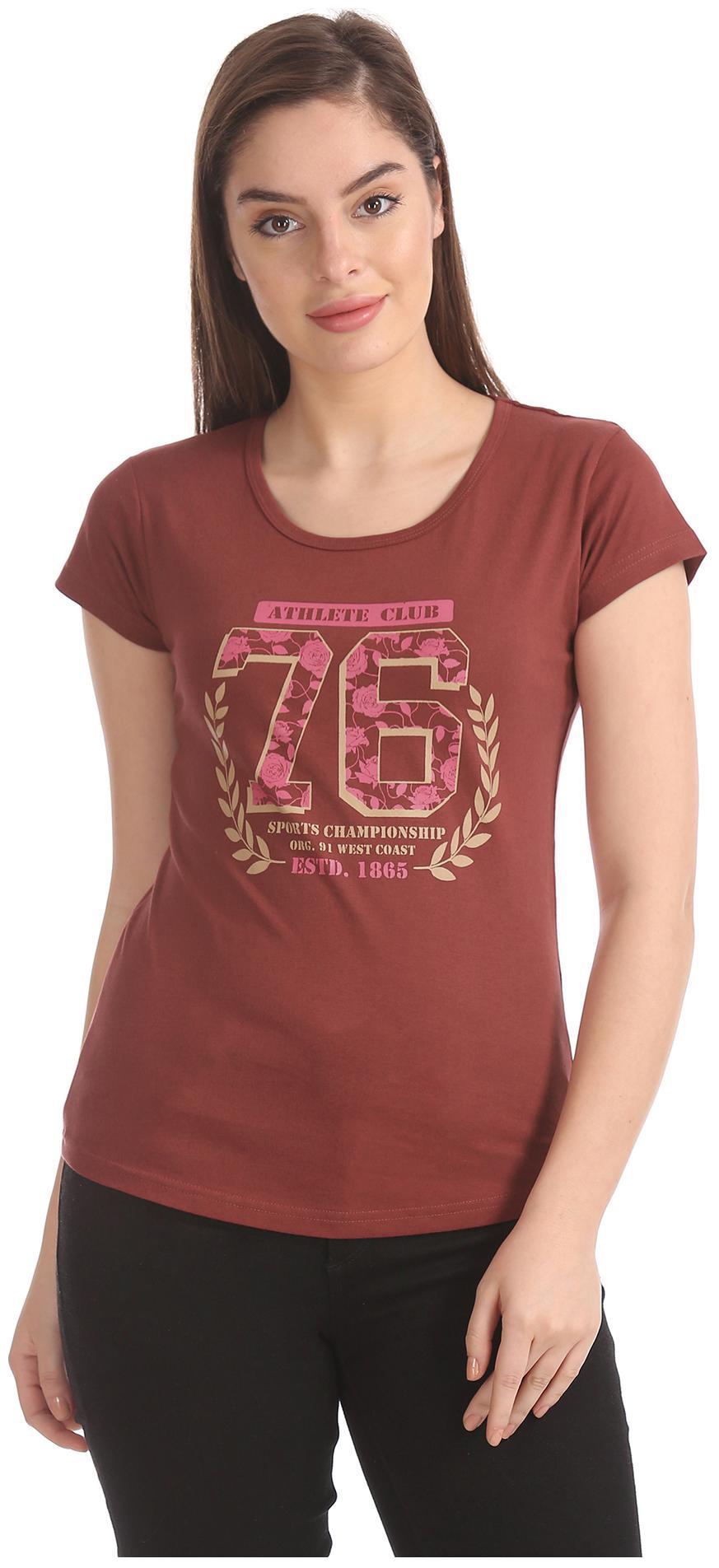 

SUGR Women Red Regular fit Round neck Cotton T shirt