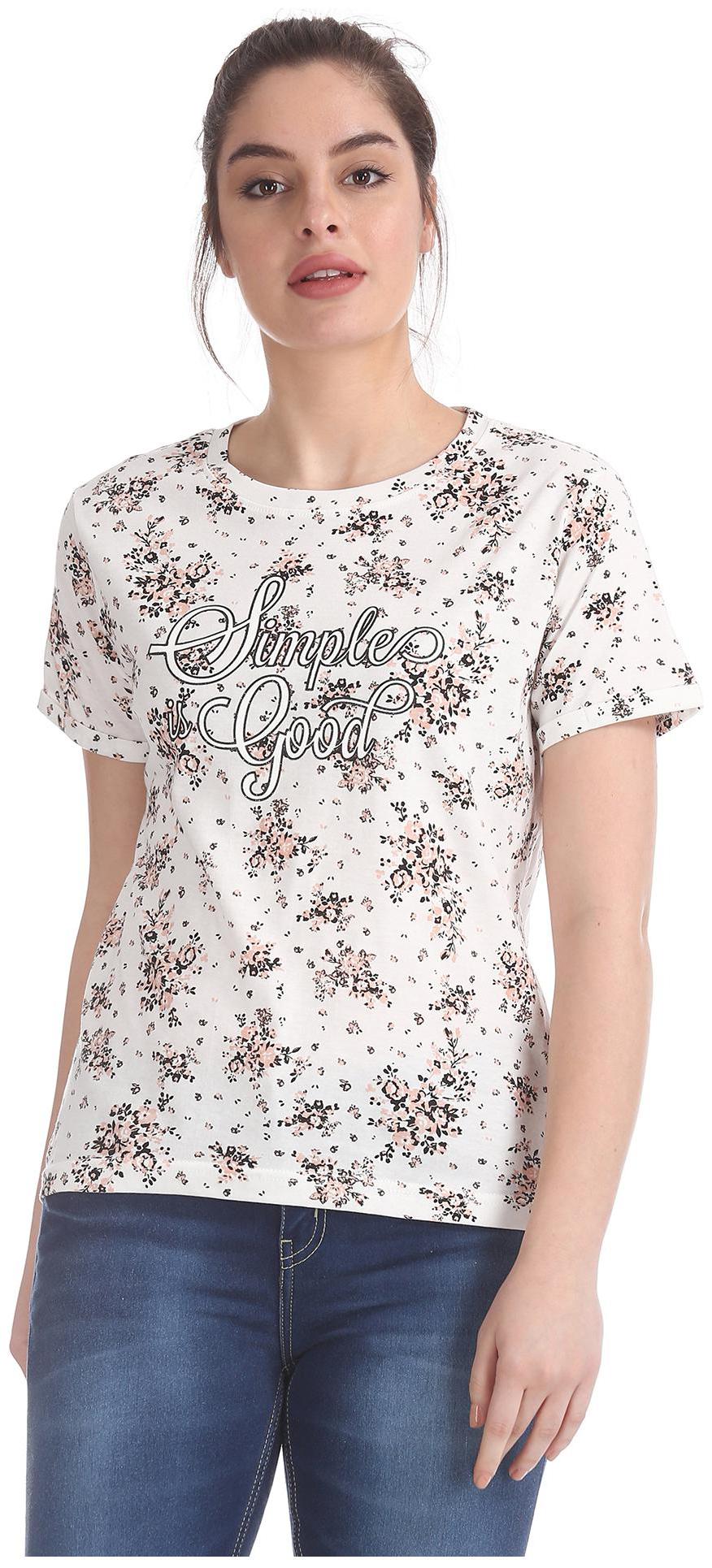 

SUGR Women White Regular fit Round neck Cotton T shirt