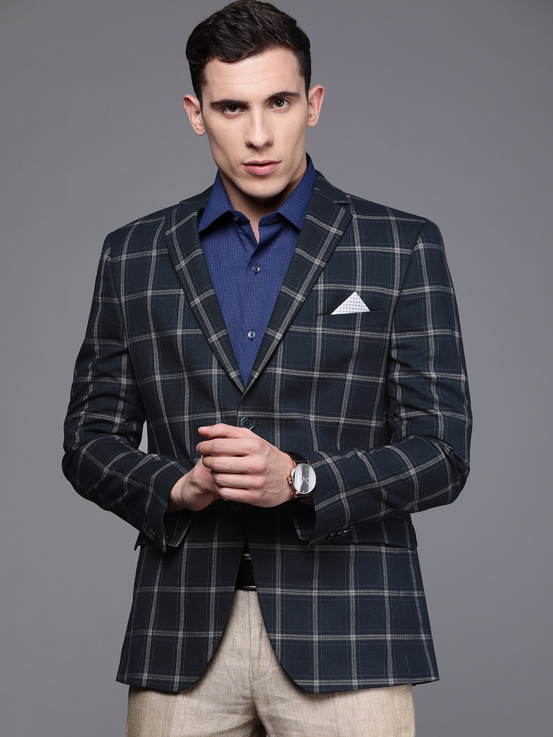 

SUITLTD Men Blue Checked Slim fit Single Breasted Blazer