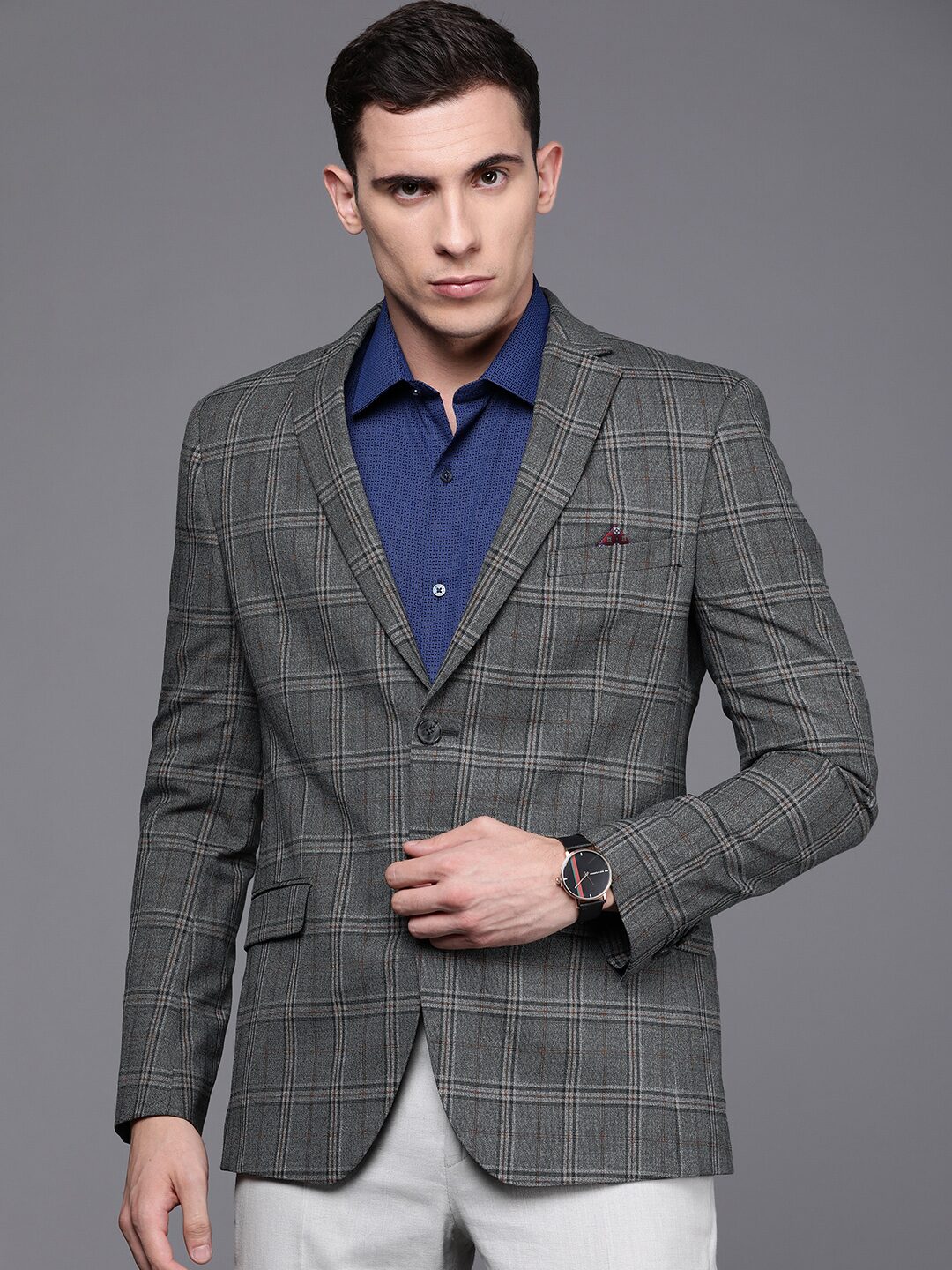 

SUITLTD Men Grey Checked Slim fit Single Breasted Blazer