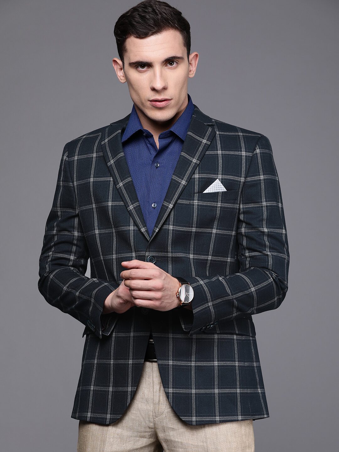 

SUITLTD Men Blue Checked Slim fit Single Breasted Blazer