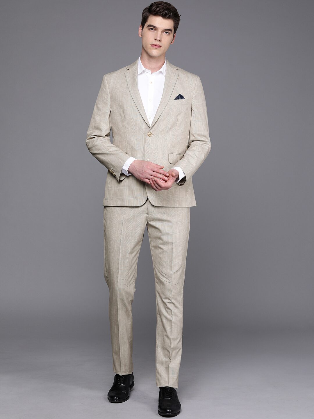 

SUITLTD Wool Blend Beige Checked Blazer and Trouser For Men
