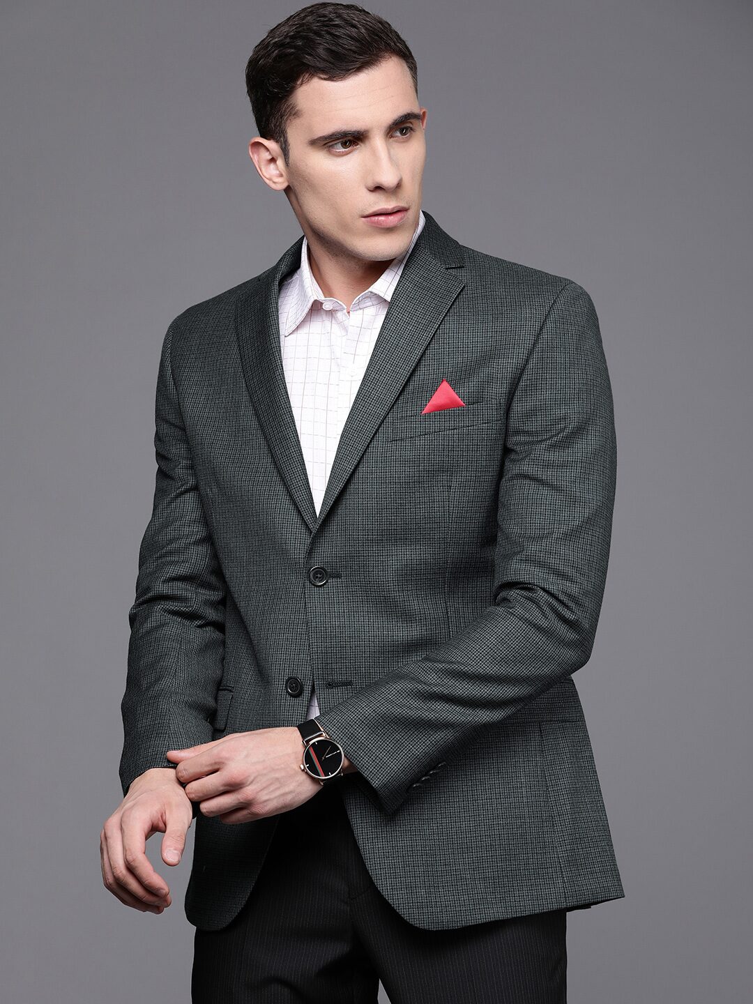 

SUITLTD Men Grey Checked Slim fit Single Breasted Blazer