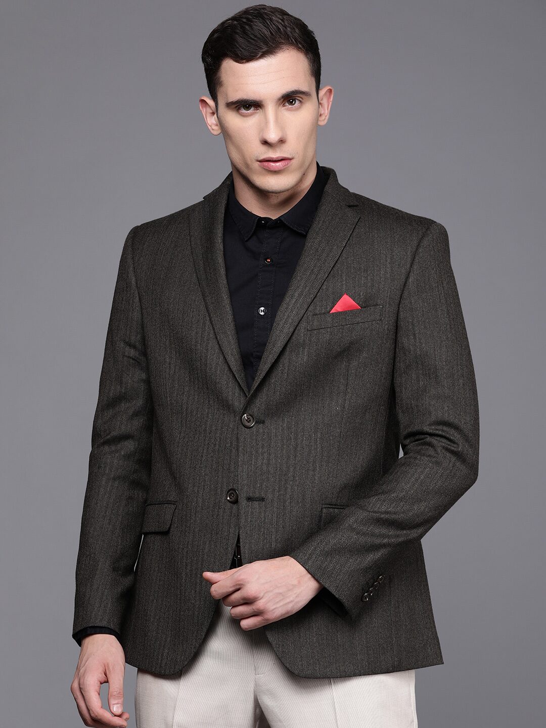 

SUITLTD Men Brown Striped Slim fit Single Breasted Blazer