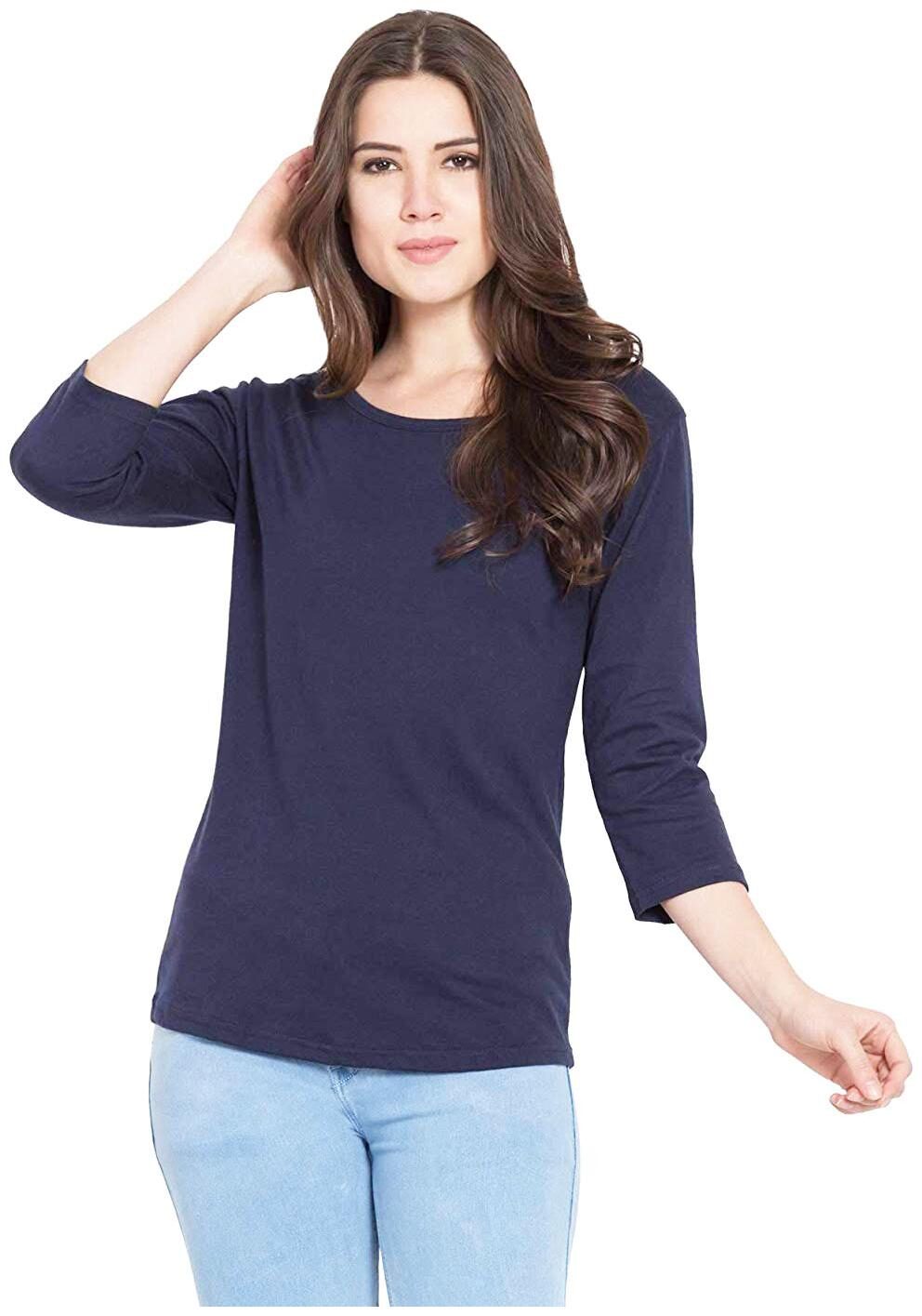 

Sundish Cotton Solid Navy Blue T Shirt For Women