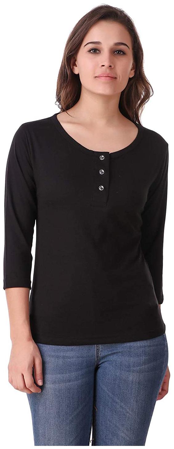 

Sundish Women Black Slim fit Henley neck Cotton T shirt