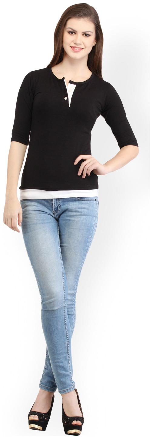 

Sundish Women Black Slim fit Henley neck Cotton T shirt