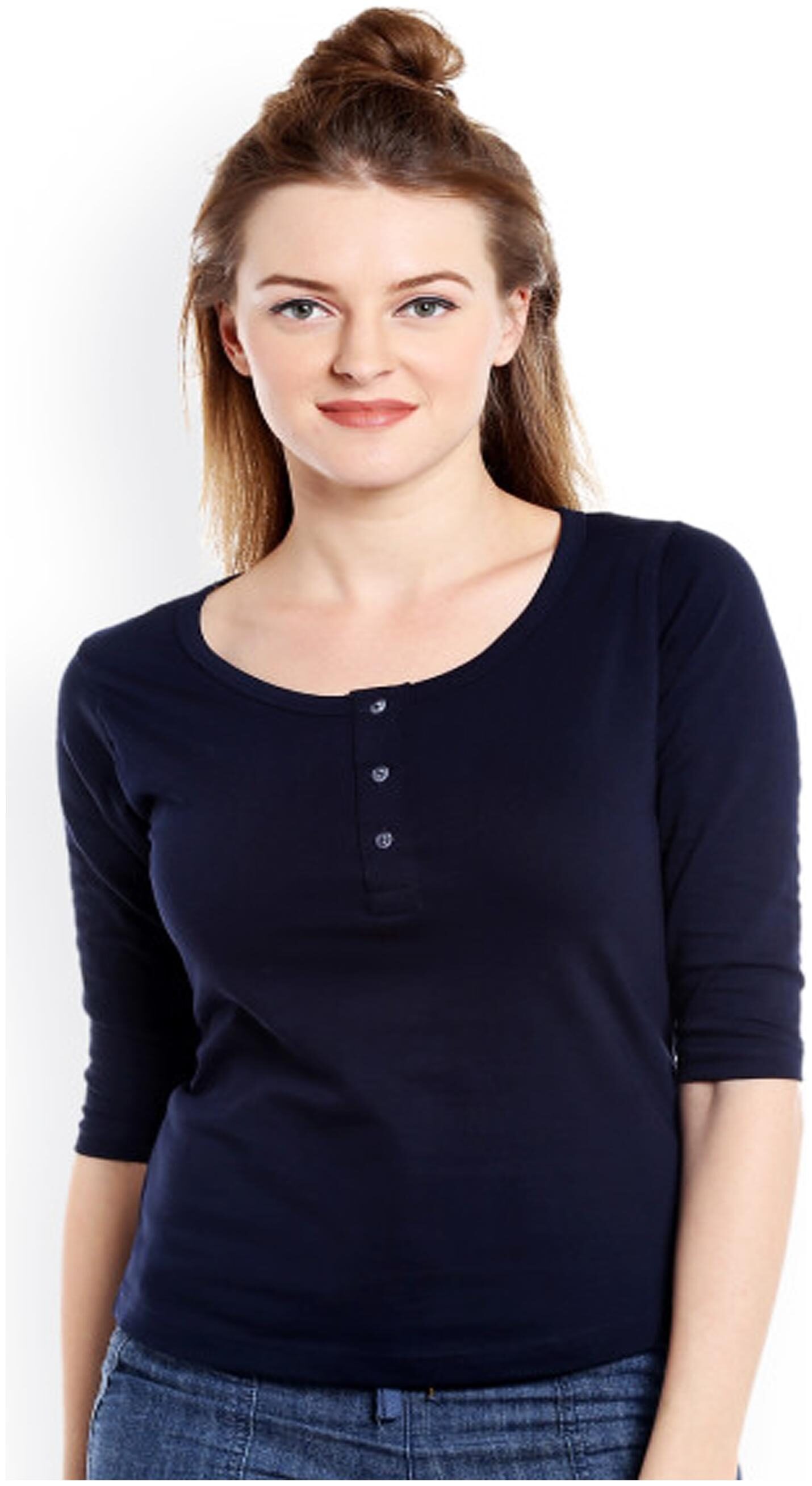 

Sundish Cotton Solid Navy Blue T Shirt For Women