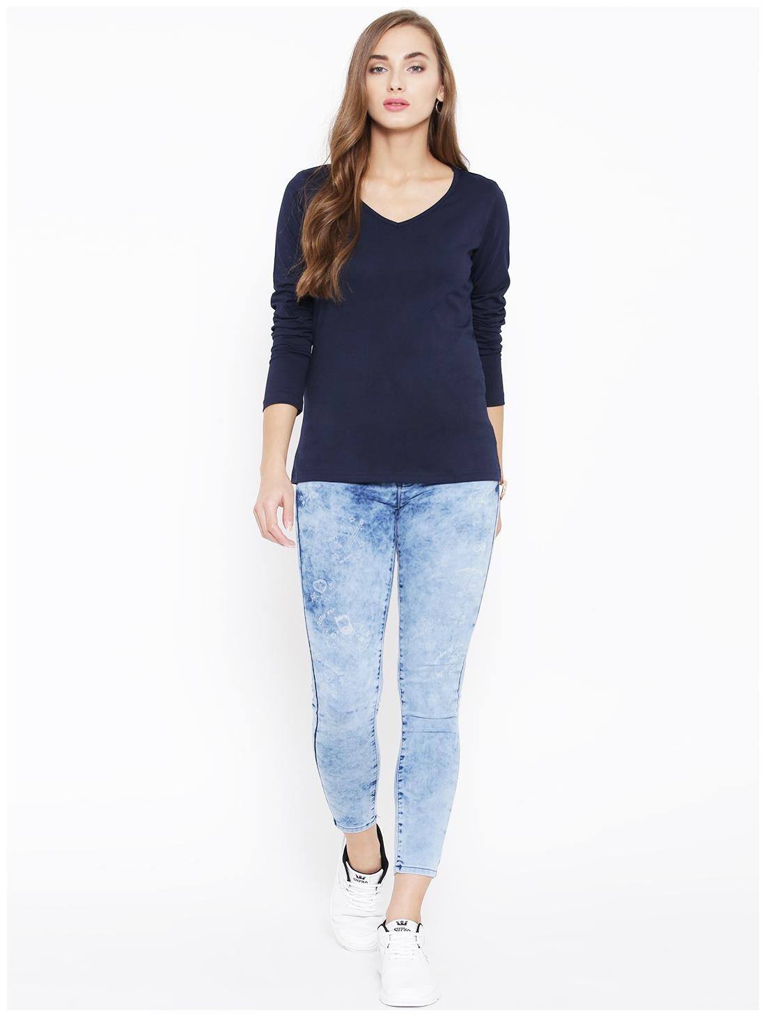 

Sundish Cotton Solid Navy Blue T Shirt For Women