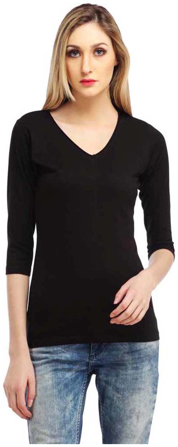 

Sundish Women Black Slim fit V neck Cotton T shirt