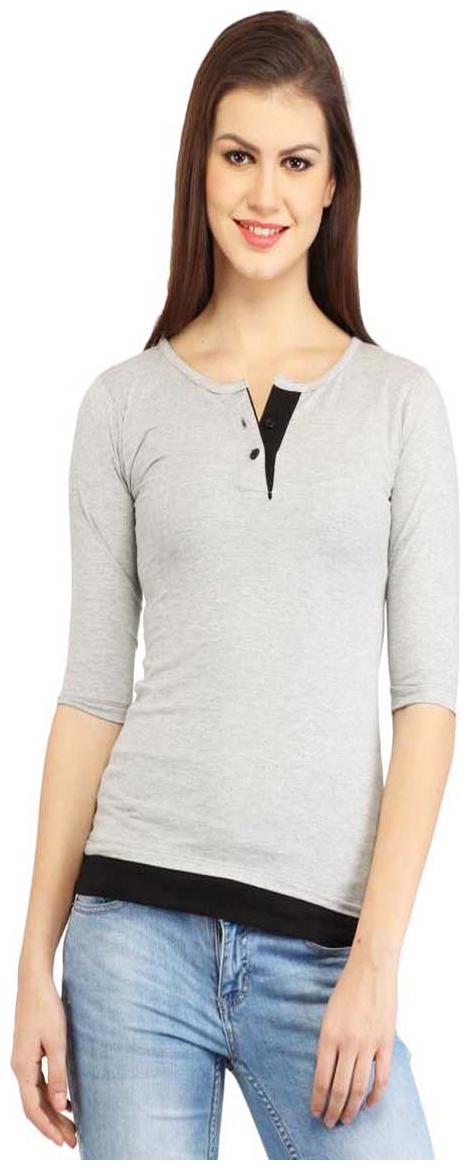 

Sundish Women Grey Slim fit Henley neck Cotton T shirt
