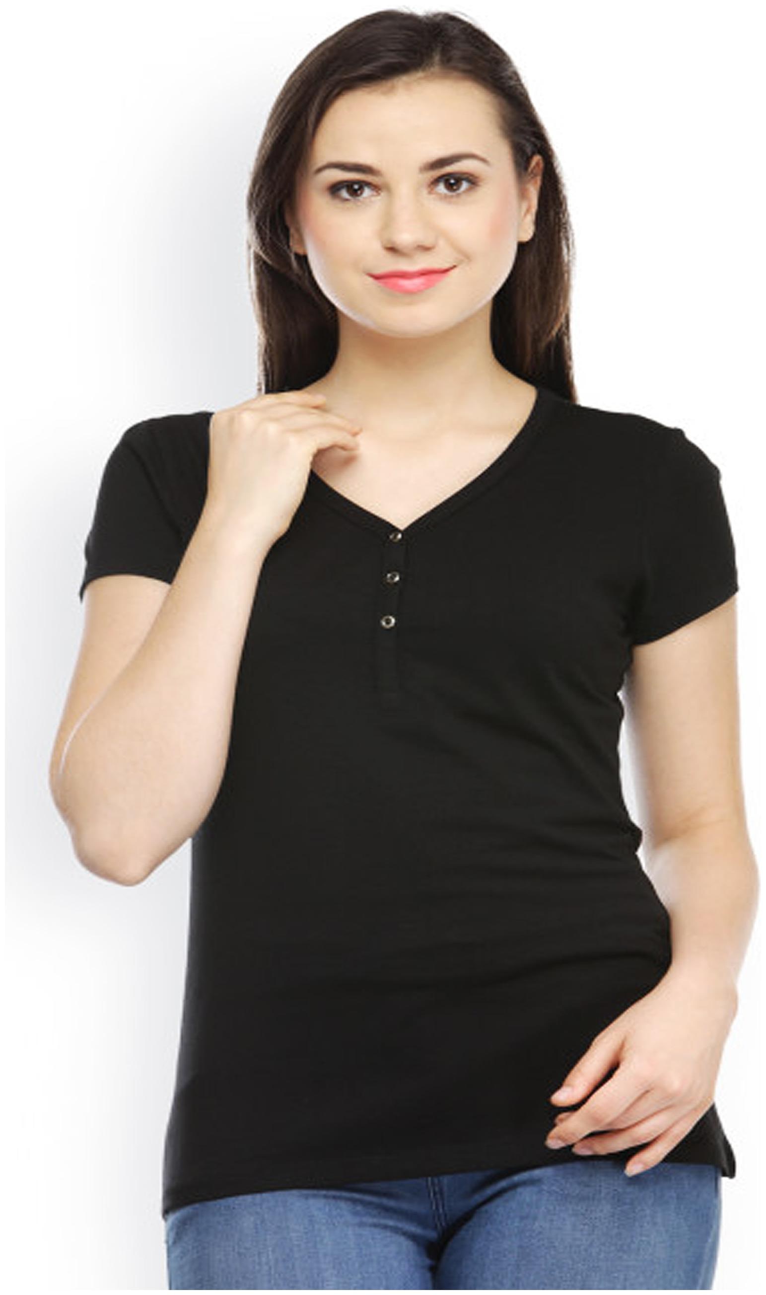 

Sundish Women Black Slim fit V neck Cotton T shirt