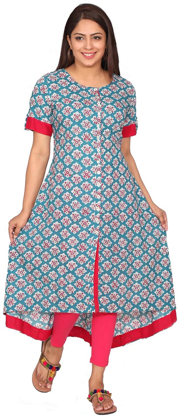 

Suti Women Teal Printed Long Cotton Dress