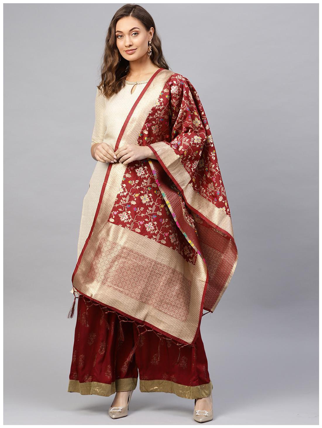 

SUTRAM Banarasi Silk Woven Maroon Dupatta