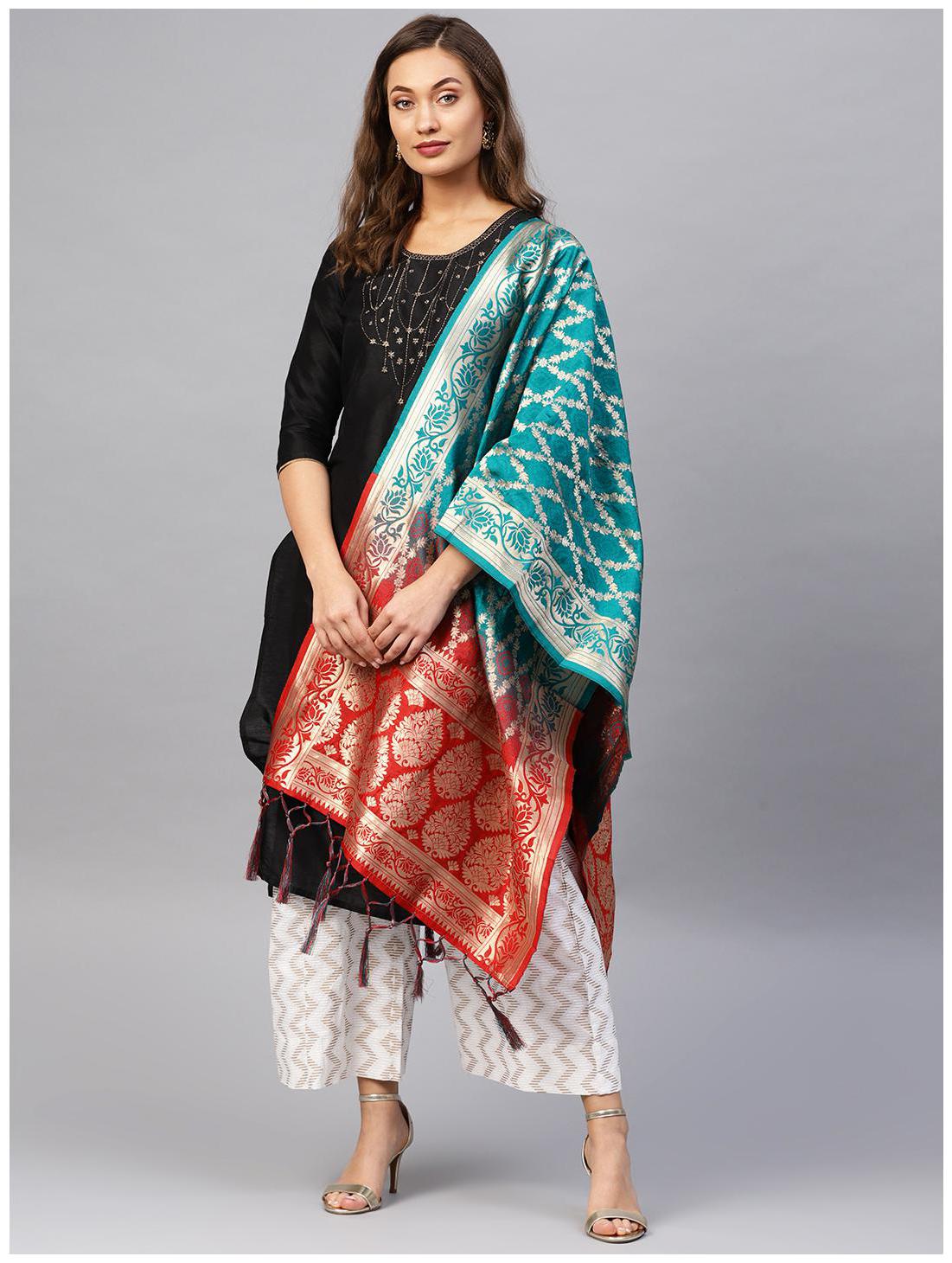 

SUTRAM Banarasi Silk Woven Turquoise Dupatta