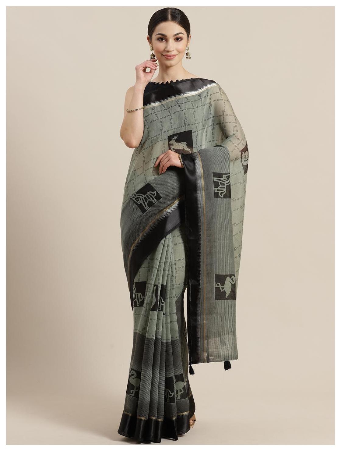 

SUTRAM Cotton Blend Green Checkered Regular Saree For Women