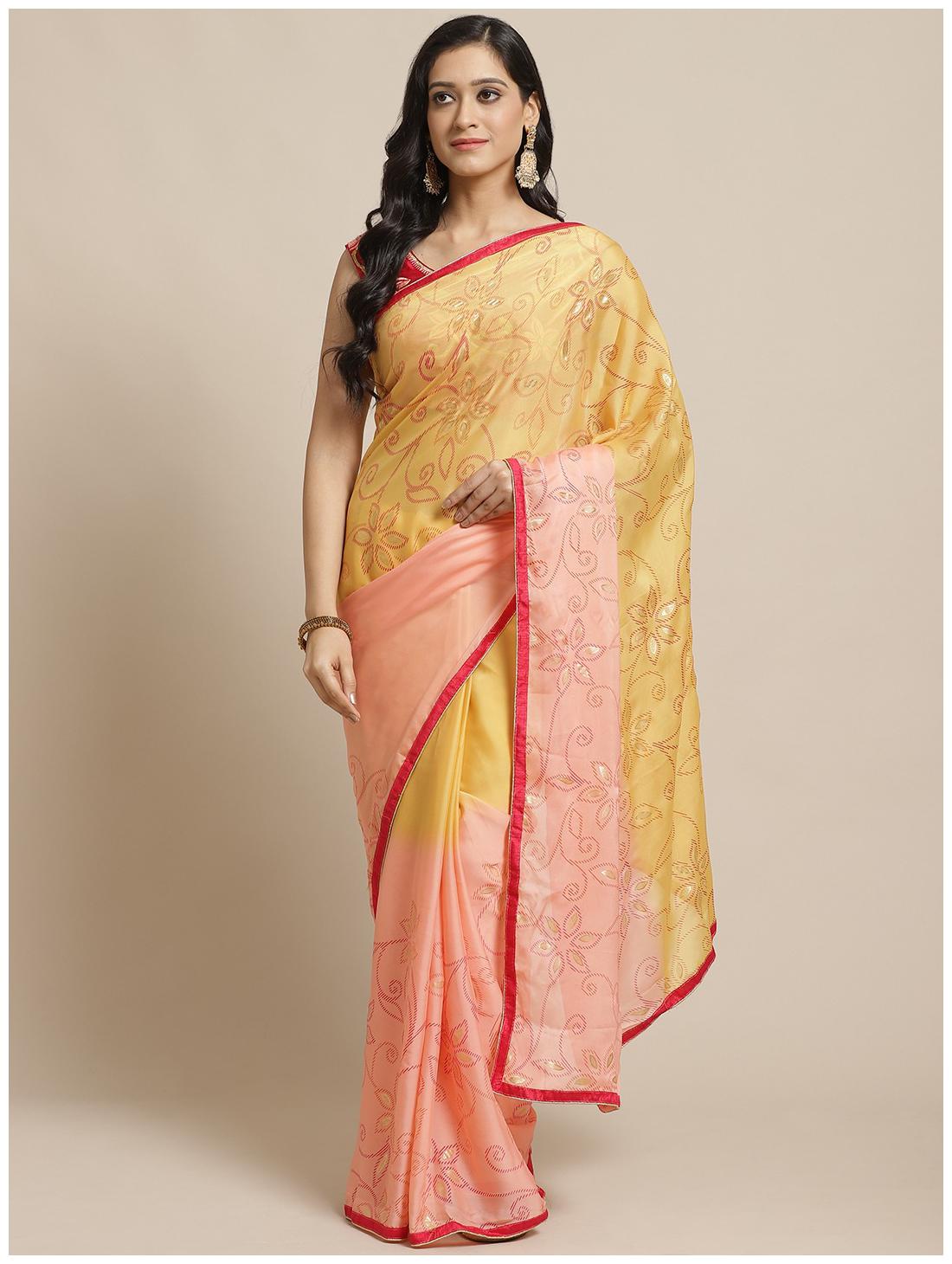 

Sutram Georgette Printed Saree For Women With Blouse Piece (Peach Yellow)