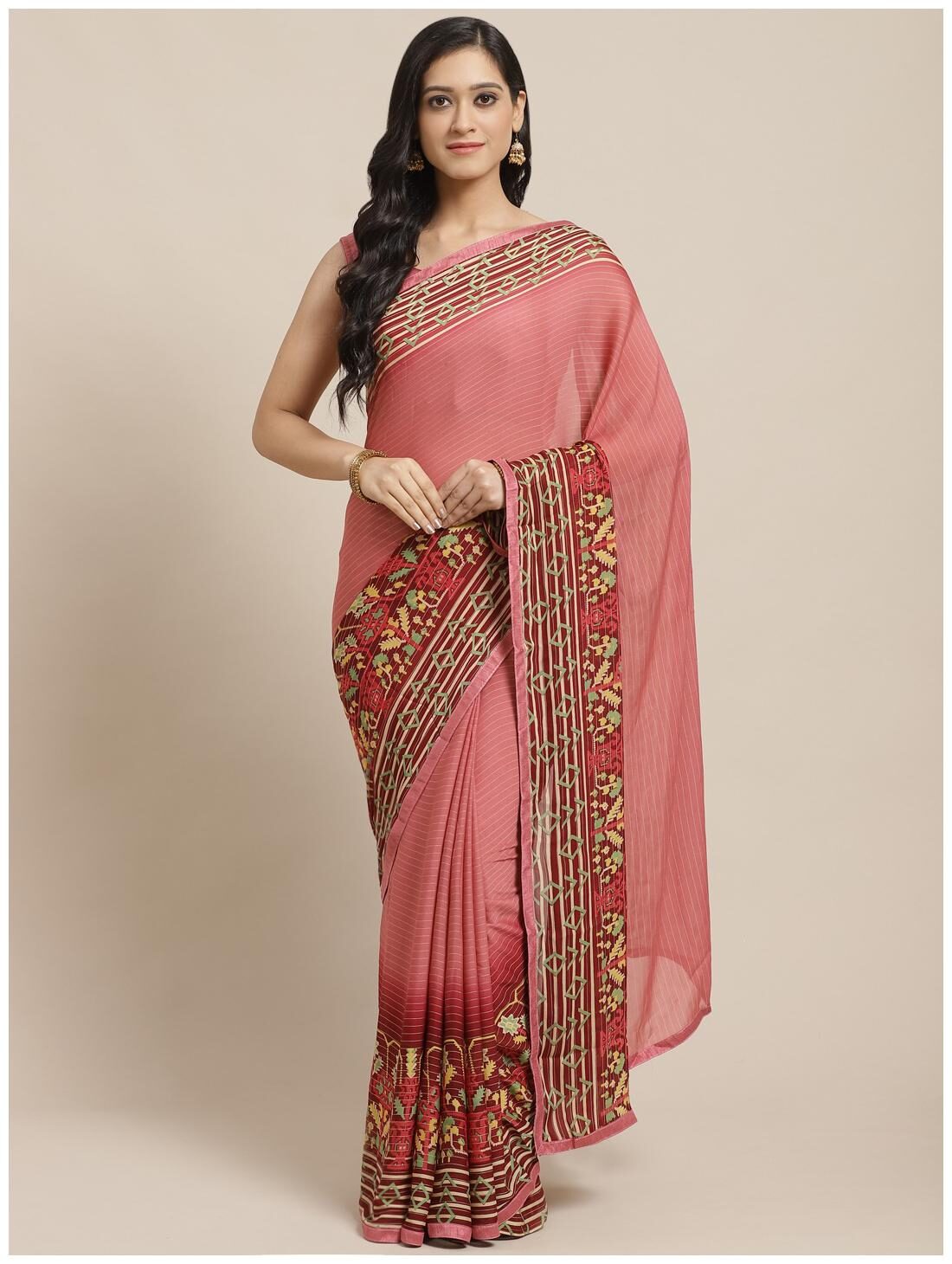 

Sutram Georgette Striped Saree For Women With Blouse Piece (Pink)