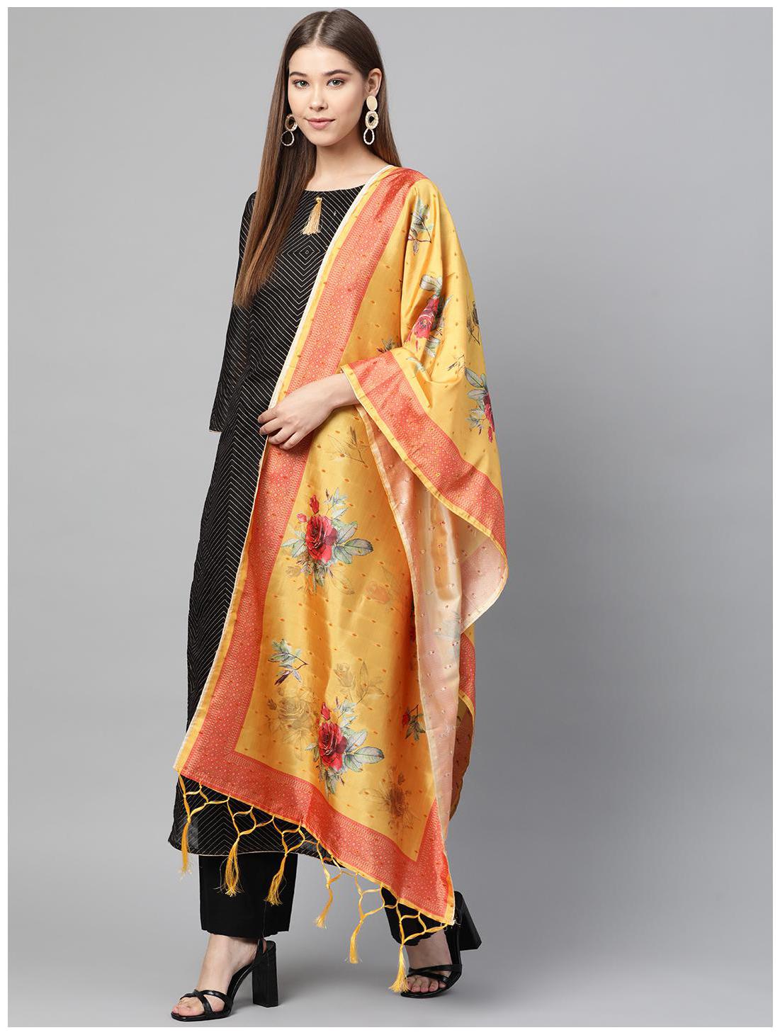 

SUTRAM Silk Mustard Floral Dupatta For Women