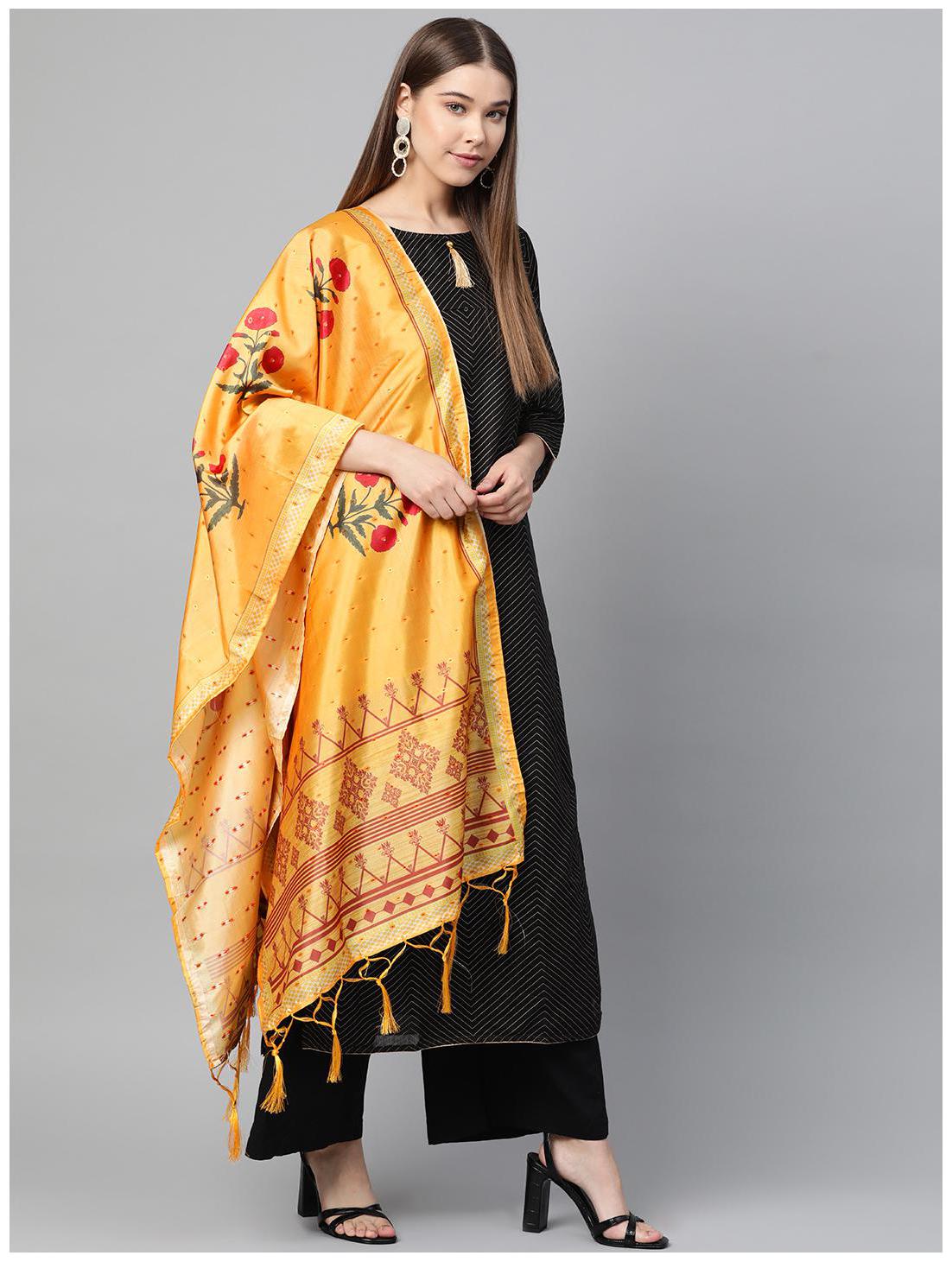 

SUTRAM Silk Mustard Floral Dupatta For Women