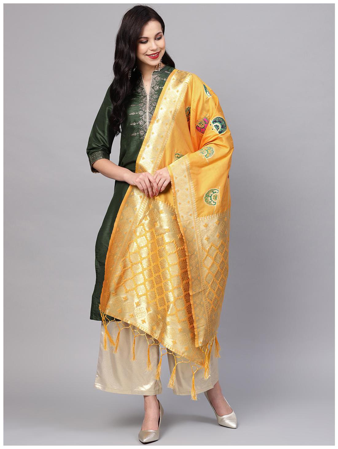 

Sutram Women s Woven Banarasi silk dupatta Yellow