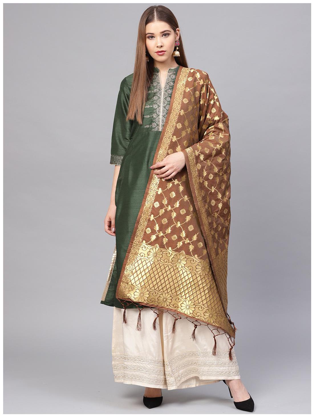 

Sutram Women s Woven Banarasi silk dupatta Brown