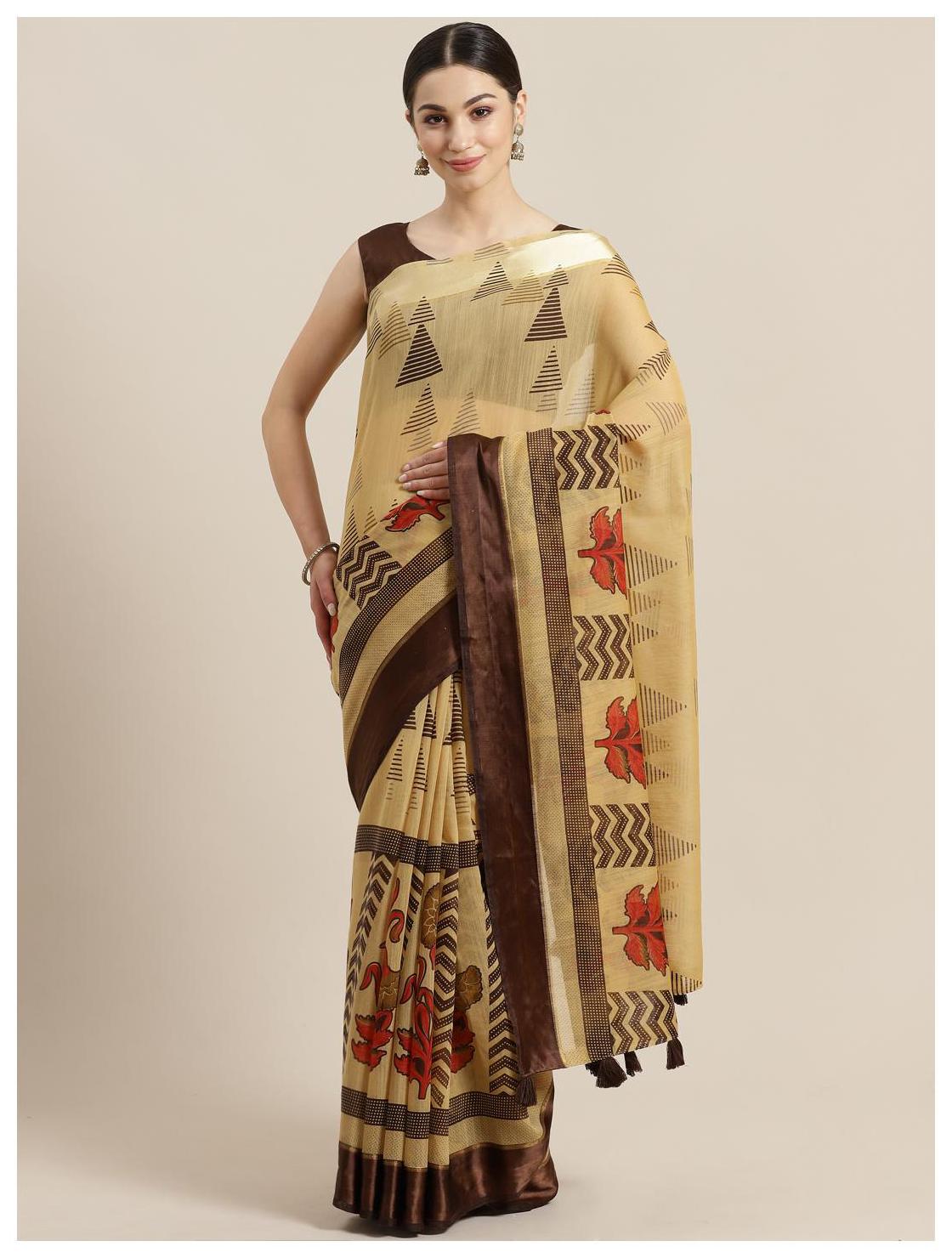 

Sutram Women s Beige Cotton Linen Saree with Blouse Piece