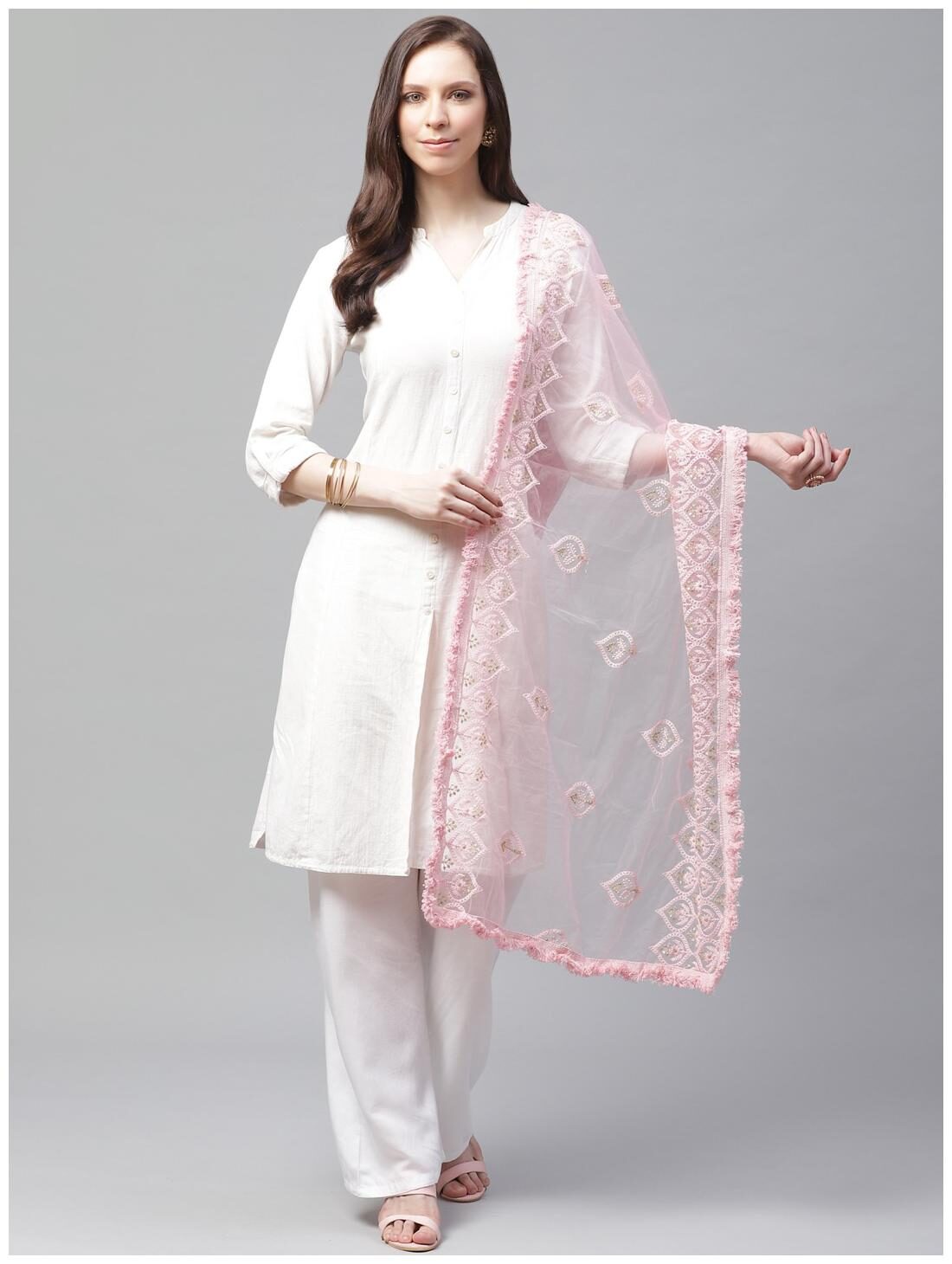 

Sutram Women Net Lakhnavi Pink Embroidery Dupatta