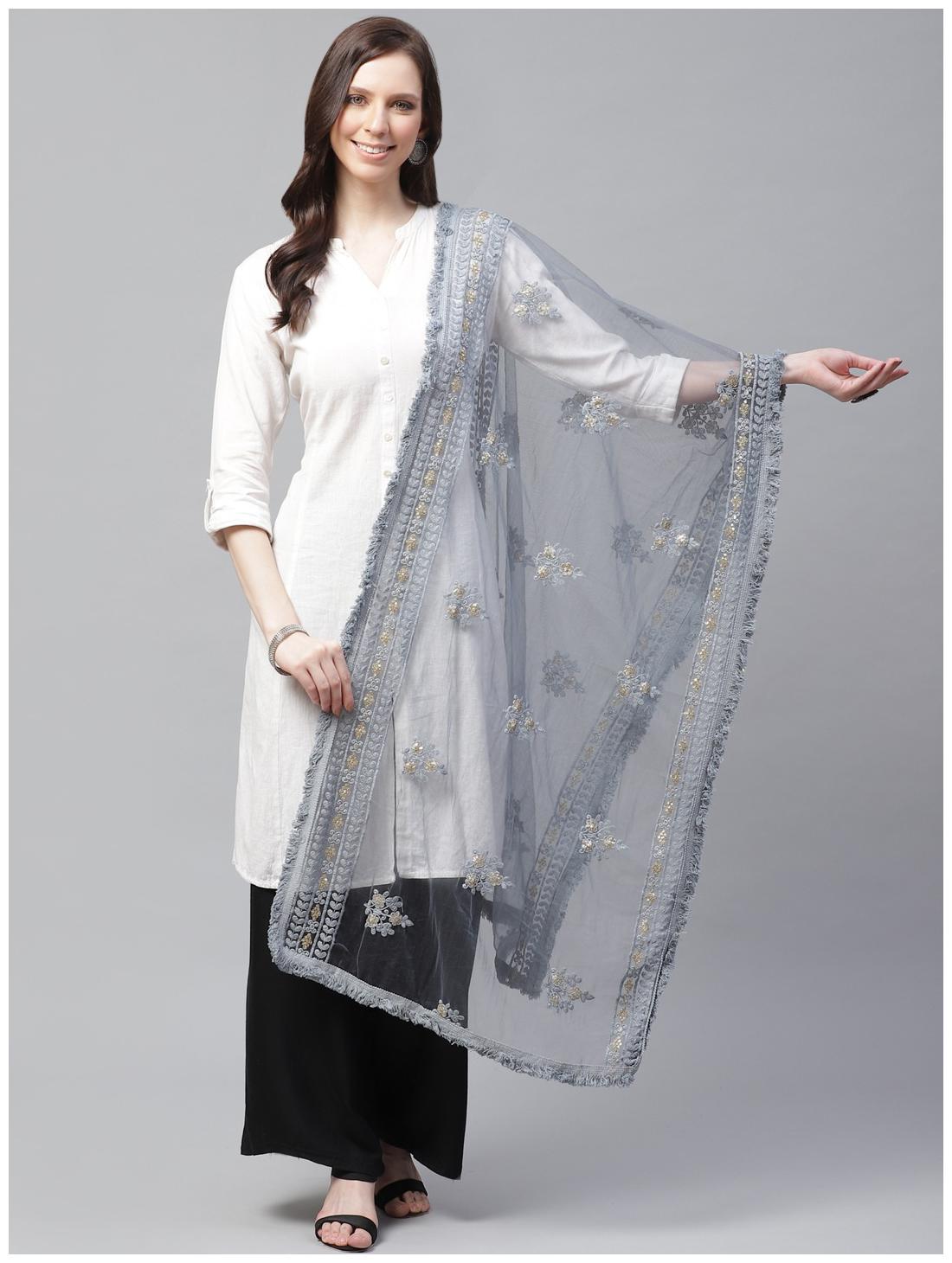 

Sutram Women Net Lakhnavi Grey Embroidery Dupatta