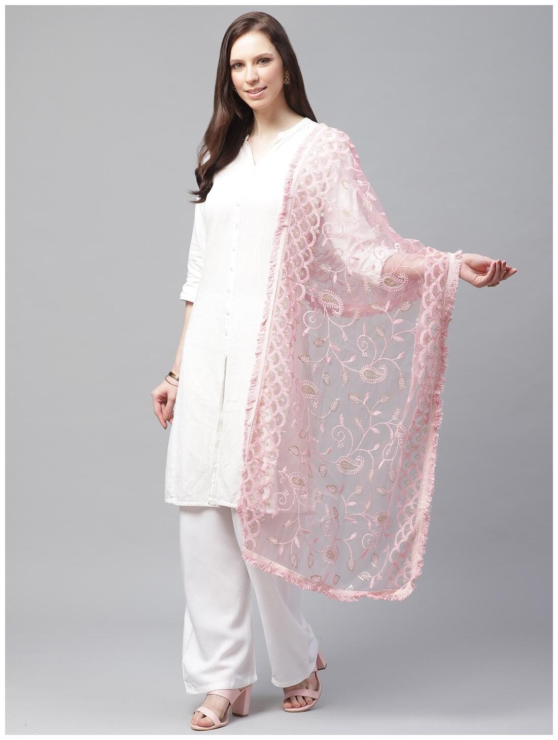 

Sutram Women Net Lakhnavi Pink Embroidery Dupatta
